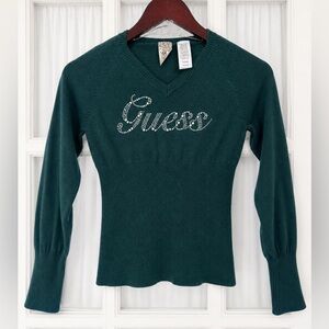 Guess Y2K Rhinestone Logo Sweater Girls Size Large 14 Green Fitted Crop Top NWOT